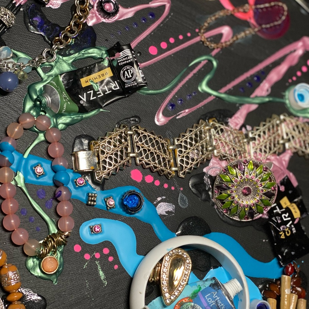 “Release & Rebirth” Colorful Original Artwork - acrylic + jewelry on canvas - Picture 8 of 11